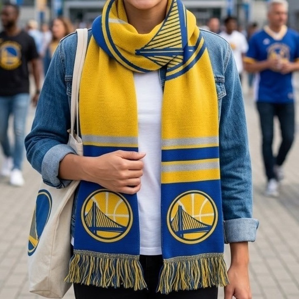 FOCO Golden State Warriors NBA Knit‎ Scarf Blue Yellow Reversible Fringe Logo